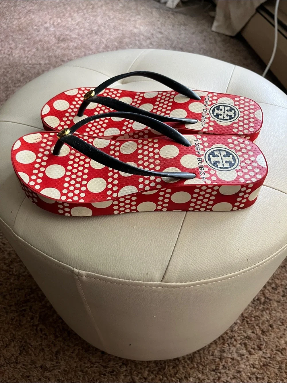 Tory Burch Red & Cream Polka Dot Flip Flop Sandals with Blue straps